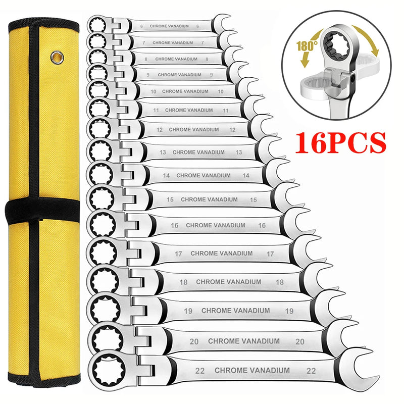 Conjunto de chaves de catraca combinadas, chave de catraca de cabeça flexível métrica de 6 a 23 mm, chave de aço cromo vanádio com bolsa