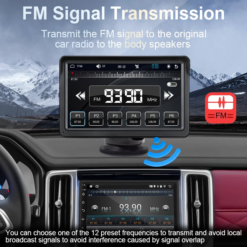 Hippcron Rádio automotivo de 7 polegadas Multimídia Player de vídeo Sem fio Carplay e Android Auto sem fio Portátil Universal Tela sensível ao toque