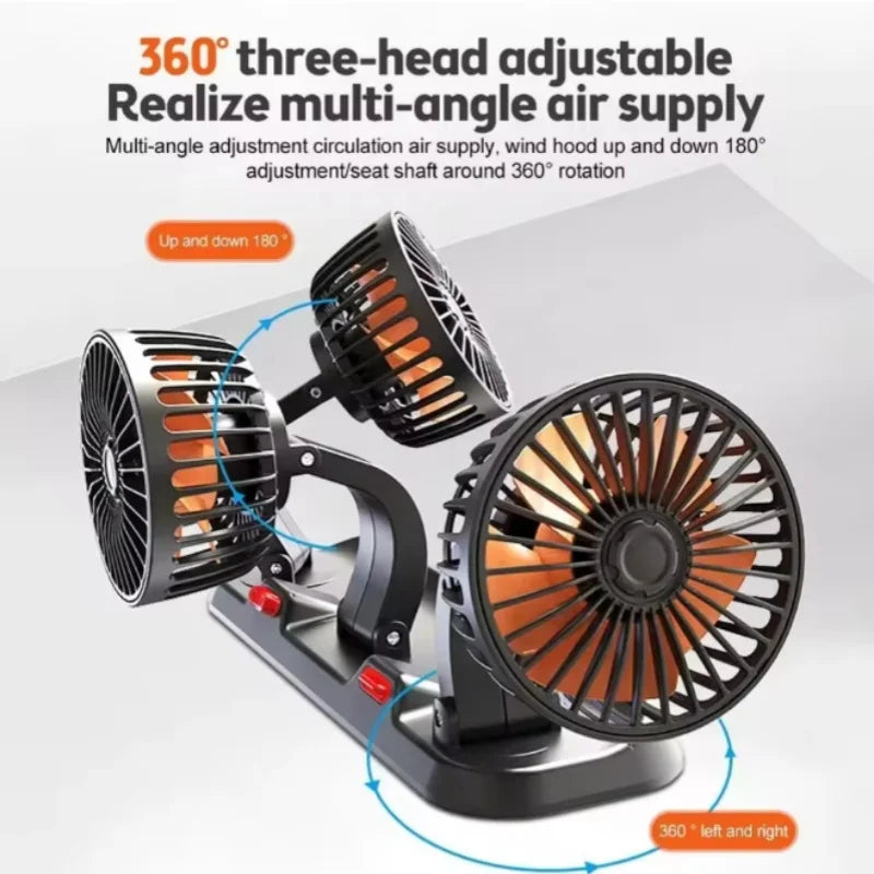 Ventilador de carro 360° ajustável, 3 cabeças, ventilador elétrico automotivo, USB/12V/24V, 2 velocidades, ventilador silencioso para casa, mesa, escritório e carro