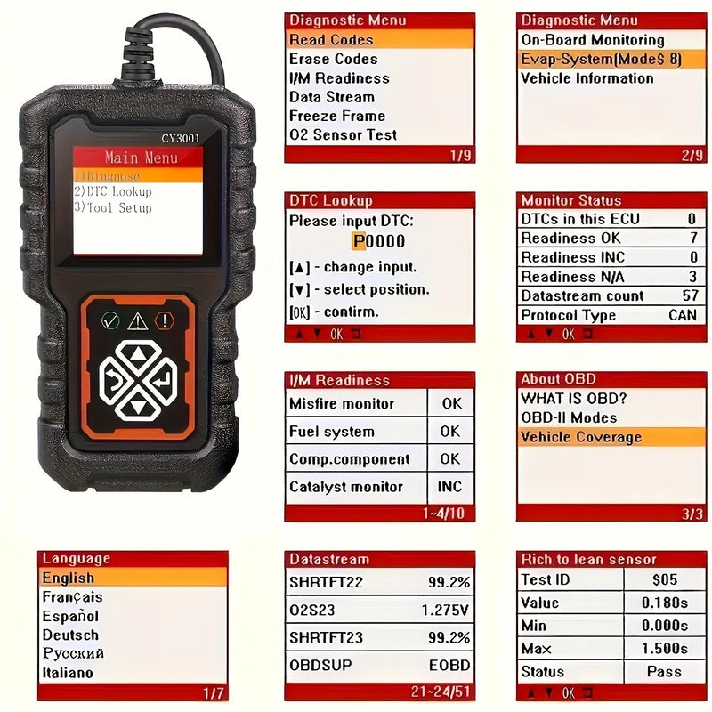 Dispositivo de detecção de falhas automotivas CY3001 OBD2 Cartão de leitura Ferramenta de detecção de motor Elm327