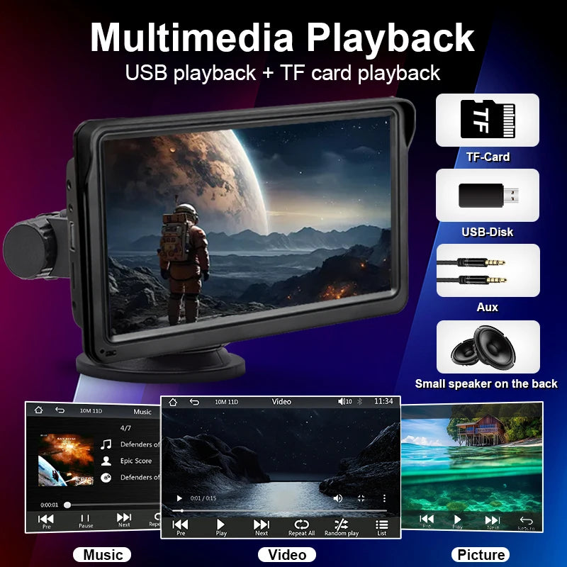 Hippcron Rádio automotivo de 7 polegadas Multimídia Player de vídeo Sem fio Carplay e Android Auto sem fio Portátil Universal Tela sensível ao toque