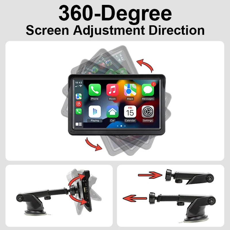 Hippcron Rádio automotivo de 7 polegadas Multimídia Player de vídeo Sem fio Carplay e Android Auto sem fio Portátil Universal Tela sensível ao toque