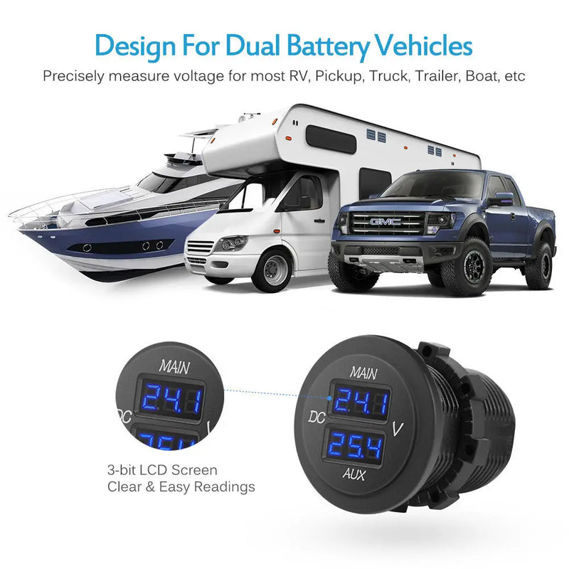 Voltímetro digital LED para carro, painel redondo, monitor de voltagem para carro, caminhonete, trailer