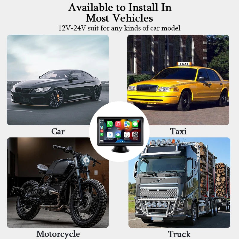 Hippcron Rádio automotivo de 7 polegadas Multimídia Player de vídeo Sem fio Carplay e Android Auto sem fio Portátil Universal Tela sensível ao toque
