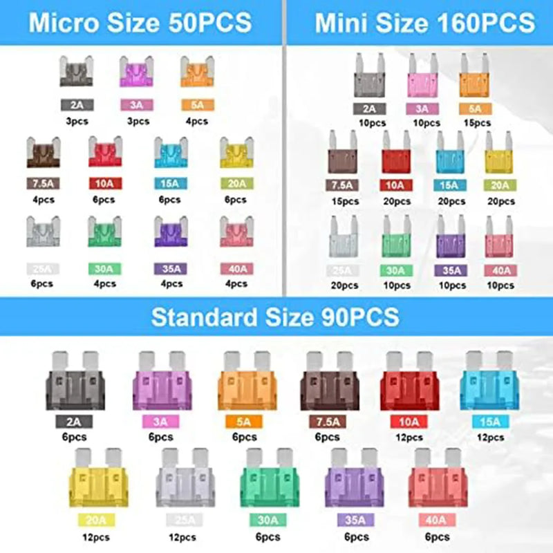 Kit sortido de fusíveis com 300 peças, mini fusíveis padrão/micro lâminas, extrator automotivo para carro/caminhão (2/3/5/7,5/10/15/20/25/30/35/40A)