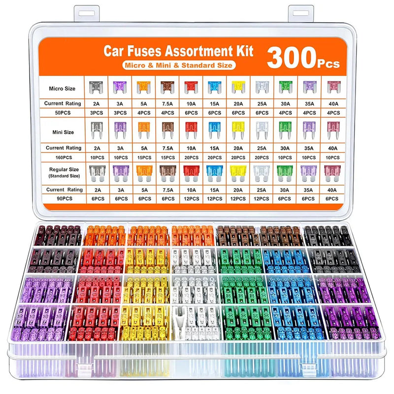 Kit sortido de fusíveis com 300 peças, mini fusíveis padrão/micro lâminas, extrator automotivo para carro/caminhão (2/3/5/7,5/10/15/20/25/30/35/40A)