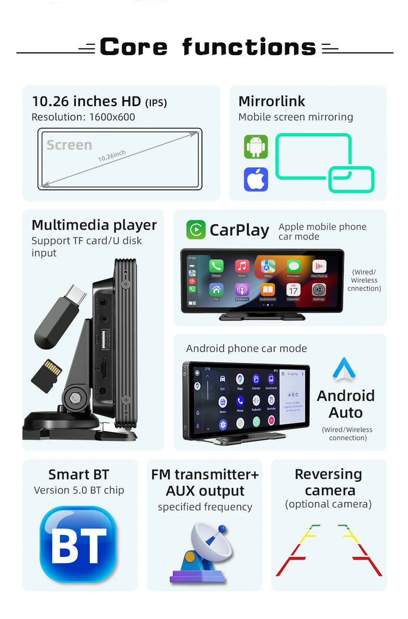 BQCC Universal 10,26” Tela Car Radio Multimídia WIFI Video Player Tela Carplay Sem Fio para Apple ou Android