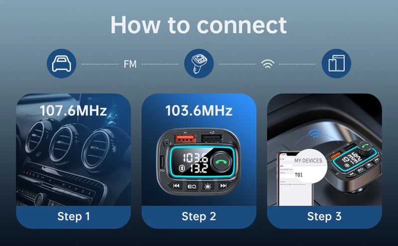 Carregador de carro Bluetooth 5.3 Transmissor FM 30W USB C Adaptador de carro Rádio sem fio MP3 Player Receptor de áudio de música Chamadas viva-voz