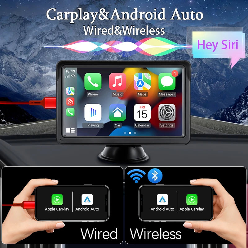 Hippcron Rádio automotivo de 7 polegadas Multimídia Player de vídeo Sem fio Carplay e Android Auto sem fio Portátil Universal Tela sensível ao toque