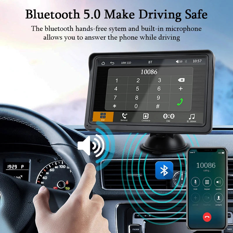 Hippcron Rádio automotivo de 7 polegadas Multimídia Player de vídeo Sem fio Carplay e Android Auto sem fio Portátil Universal Tela sensível ao toque