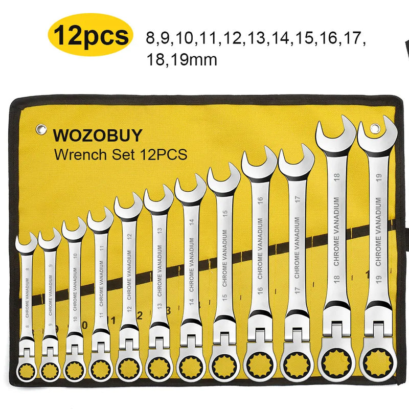 Conjunto de chaves de catraca combinadas, chave de catraca de cabeça flexível métrica de 6 a 23 mm, chave de aço cromo vanádio com bolsa