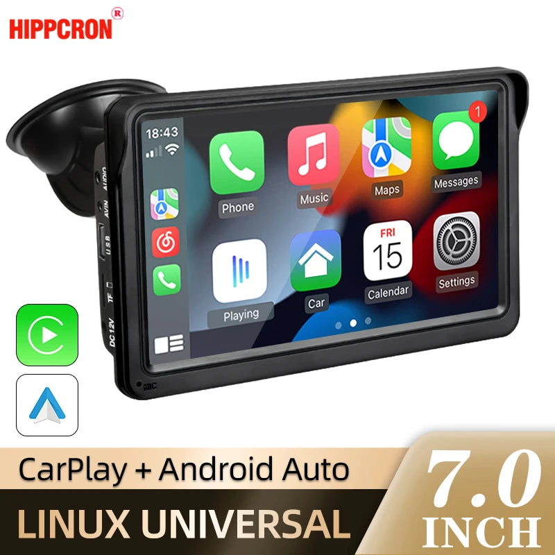 Hippcron Rádio automotivo de 7 polegadas Multimídia Player de vídeo Sem fio Carplay e Android Auto sem fio Portátil Universal Tela sensível ao toque