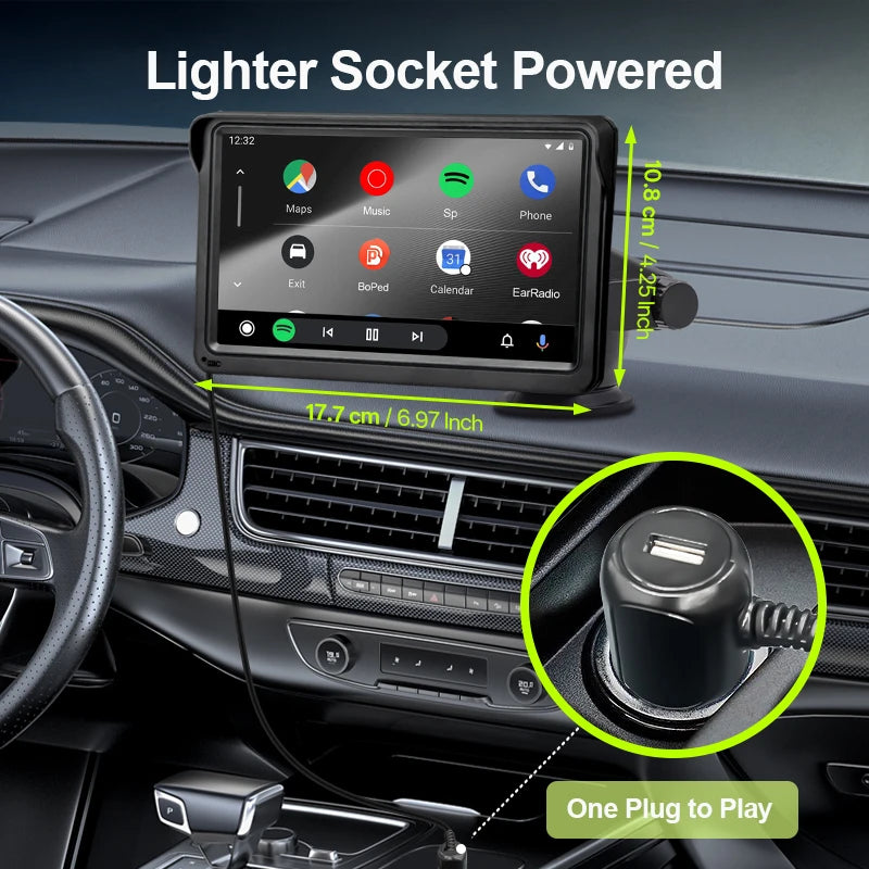Hippcron Rádio automotivo de 7 polegadas Multimídia Player de vídeo Sem fio Carplay e Android Auto sem fio Portátil Universal Tela sensível ao toque
