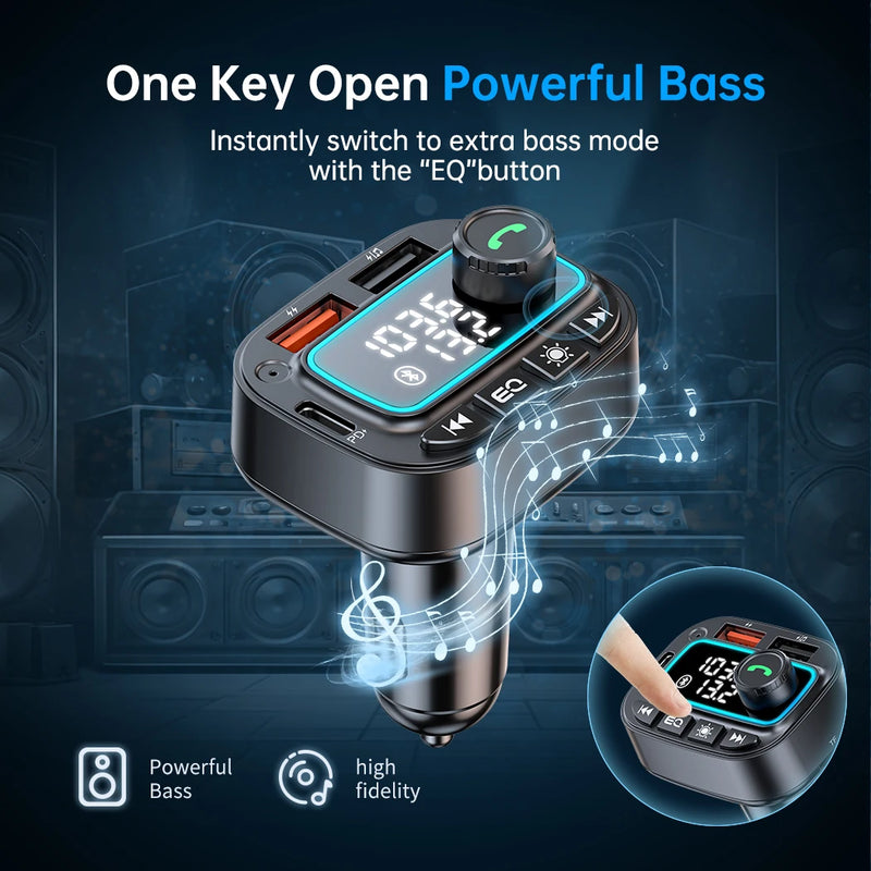 Carregador de carro Bluetooth 5.3 Transmissor FM 30W USB C Adaptador de carro Rádio sem fio MP3 Player Receptor de áudio de música Chamadas viva-voz