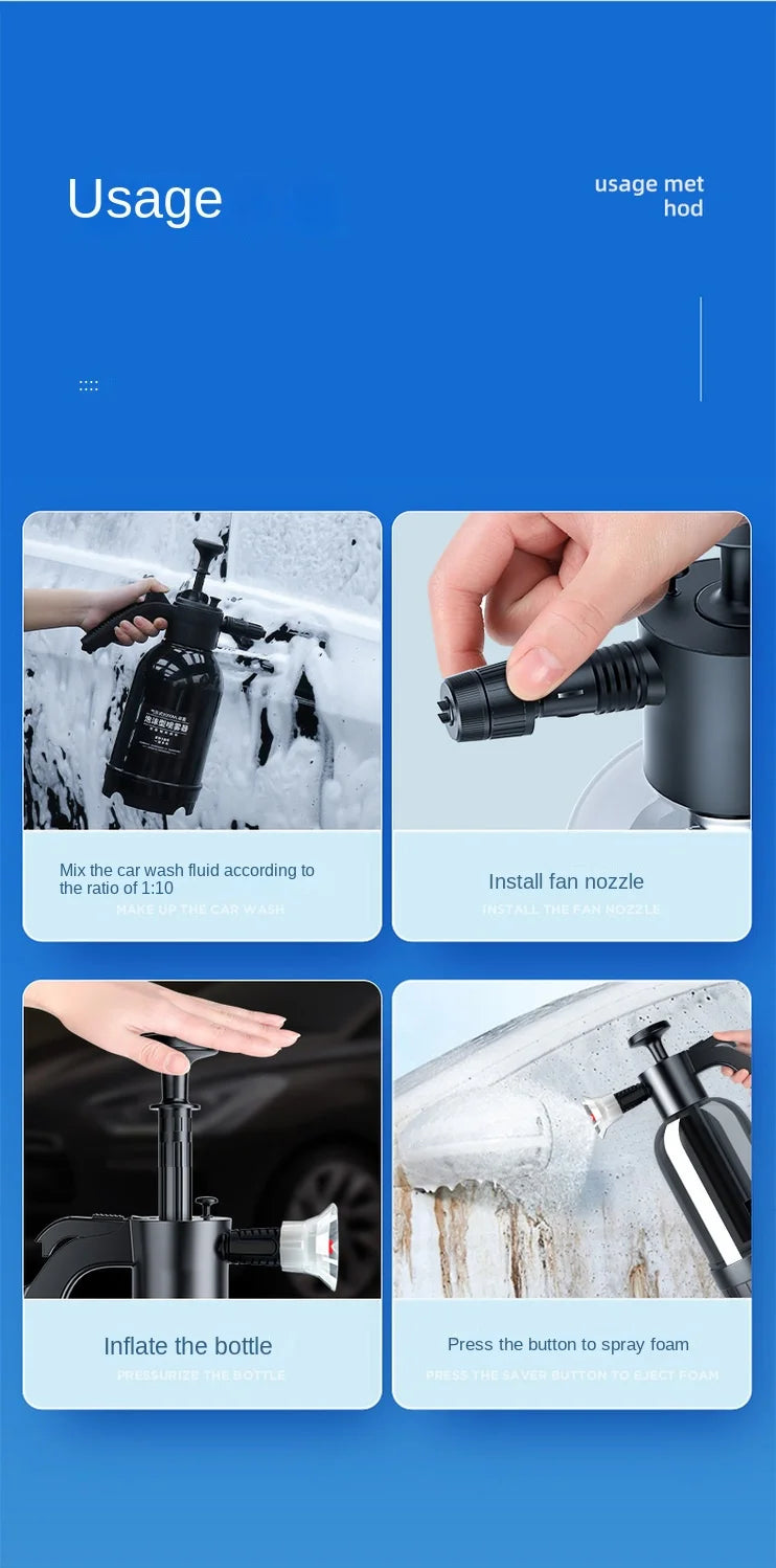 Pulverizador de espuma manual de 2L com 3 tipos de bicos, canhão de espuma pneumático manual, spray de espuma em neve para lavagem de carros, limpeza de janelas de carro