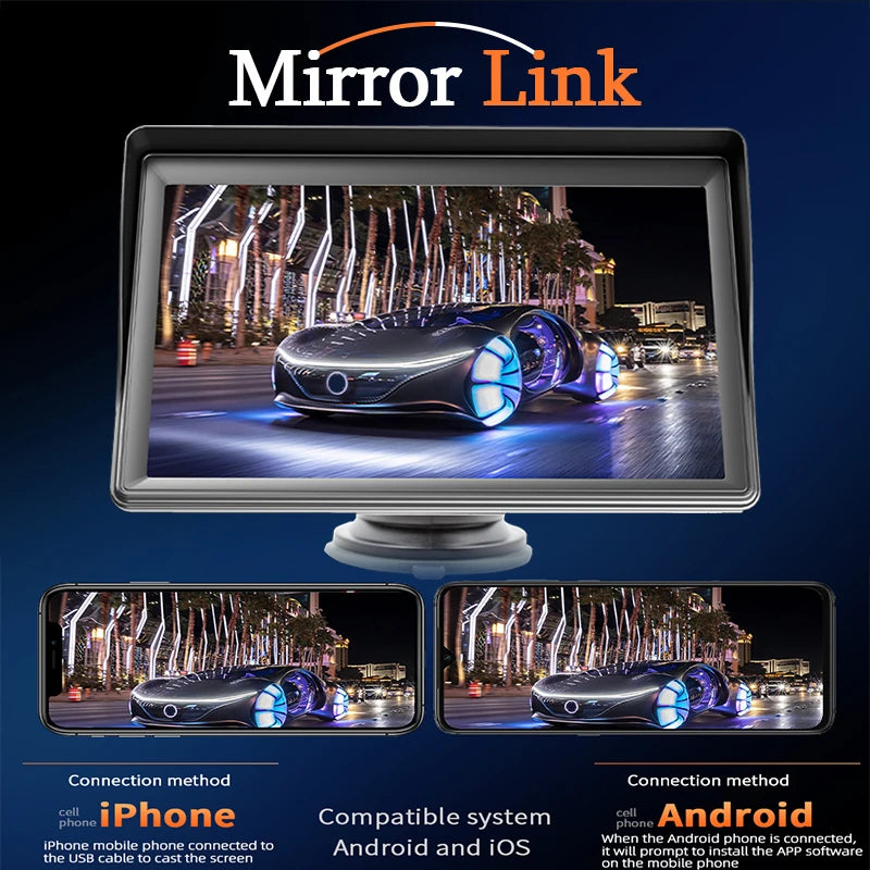 Hippcron Rádio automotivo de 7 polegadas Multimídia Player de vídeo Sem fio Carplay e Android Auto sem fio Portátil Universal Tela sensível ao toque