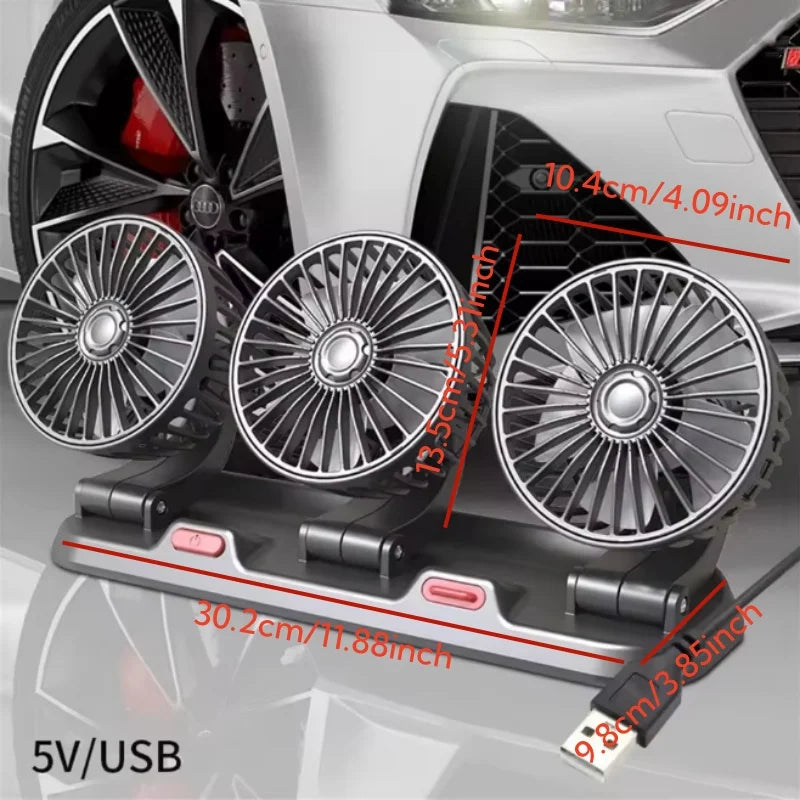 Ventilador de carro 360° ajustável, 3 cabeças, ventilador elétrico automotivo, USB/12V/24V, 2 velocidades, ventilador silencioso para casa, mesa, escritório e carro