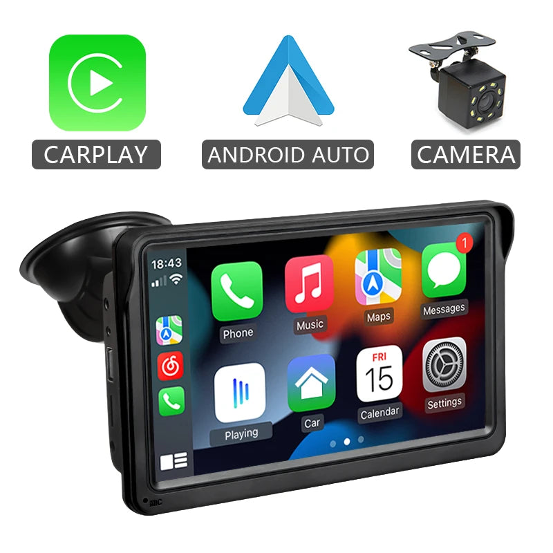 Hippcron Rádio automotivo de 7 polegadas Multimídia Player de vídeo Sem fio Carplay e Android Auto sem fio Portátil Universal Tela sensível ao toque