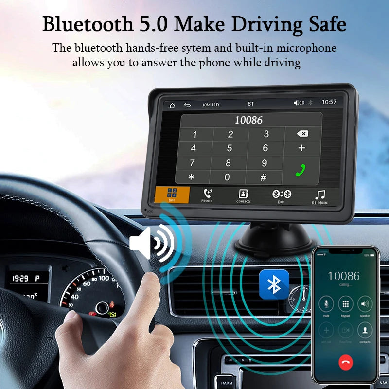 Hippcron Rádio automotivo de 7 polegadas Multimídia Player de vídeo Sem fio Carplay e Android Auto sem fio Portátil Universal Tela sensível ao toque