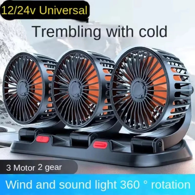 Ventilador de carro 360° ajustável, 3 cabeças, ventilador elétrico automotivo, USB/12V/24V, 2 velocidades, ventilador silencioso para casa, mesa, escritório e carro