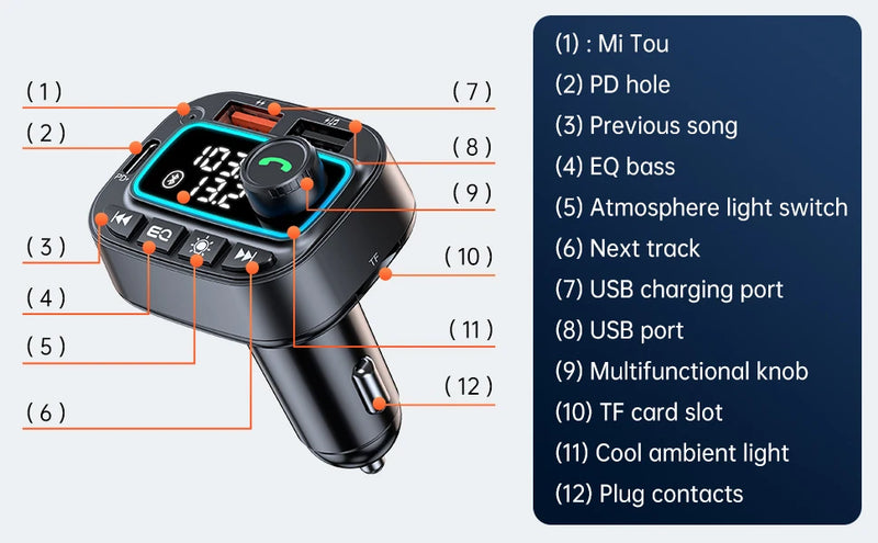 Carregador de carro Bluetooth 5.3 Transmissor FM 30W USB C Adaptador de carro Rádio sem fio MP3 Player Receptor de áudio de música Chamadas viva-voz